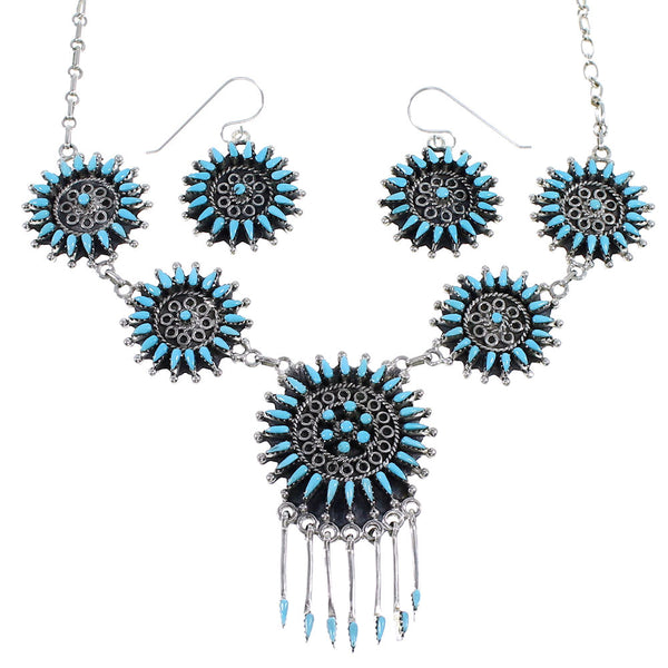 Turquoise Needlepoint Silver Southwestern Necklace And Earring Set EX54064